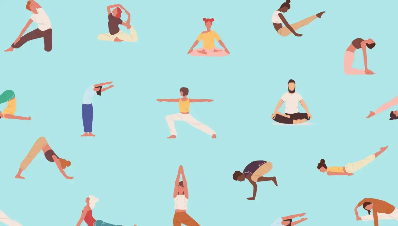 Vielf&auml;ltige Yoga-Posen, die zeigen, was hilft gegen Verspannungen. Menschen dehnen und strecken sich auf blauem Hintergrund.