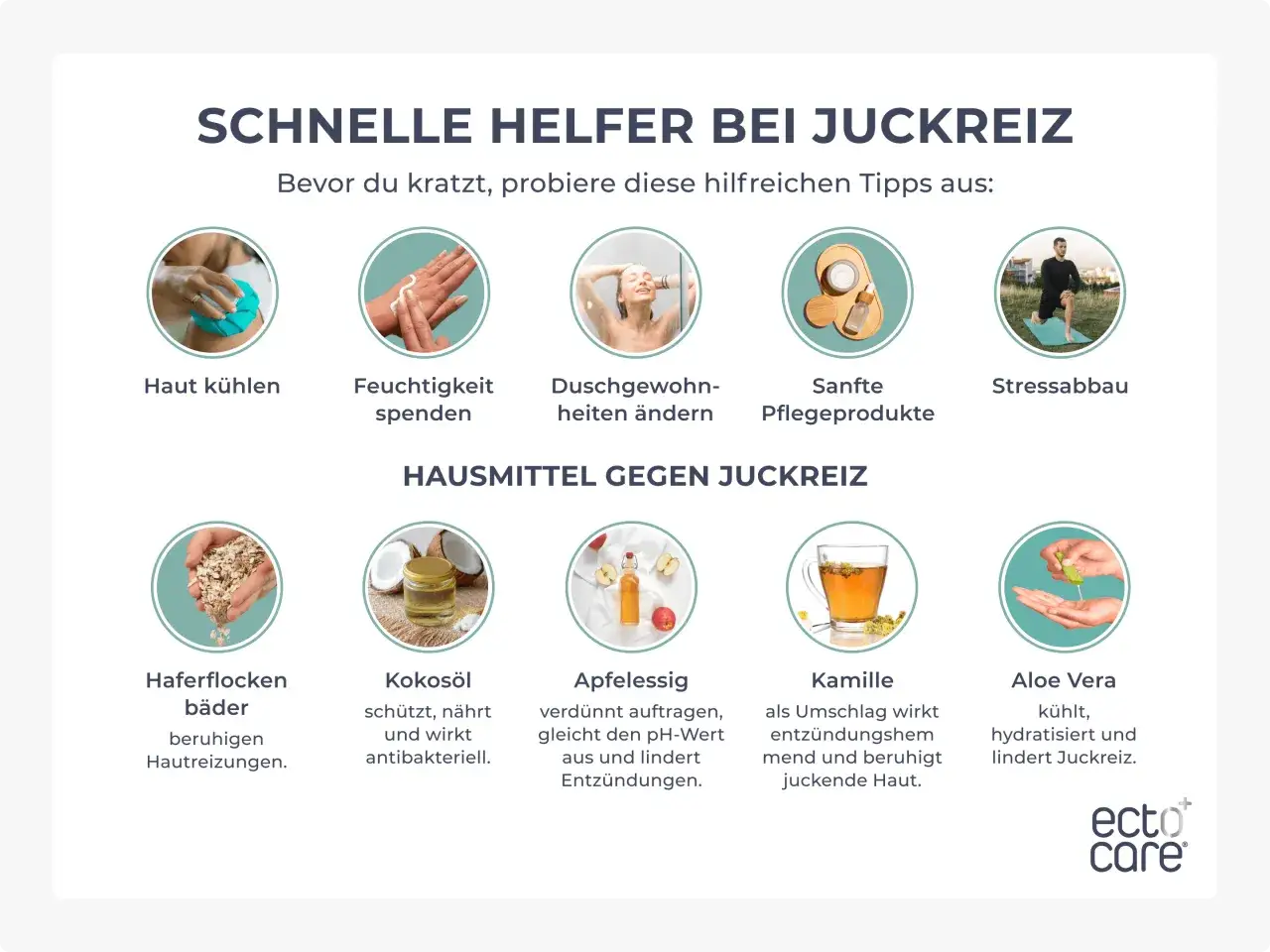Schnelle Hilfe bei Juckreiz: Kühlung, Feuchtigkeit, sanfte Pflege, Stressabbau & Hausmittel wie Haferflocken, Kokosöl, Apfelessig, Kamille, Aloe Vera.