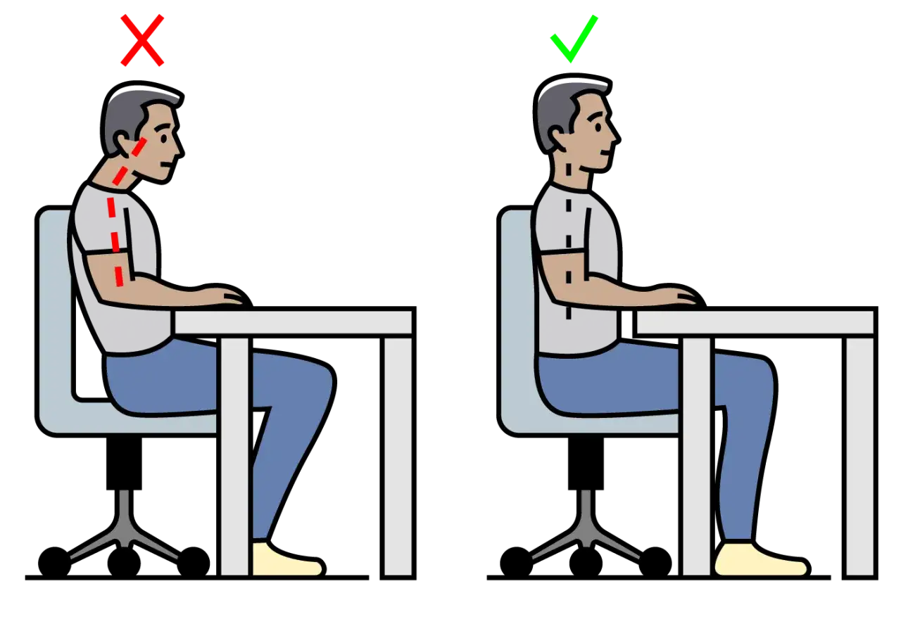 Schlechte Haltung mit gekr&uuml;mmtem Nacken (X) vs. aufrechte Haltung (✓). So tun Sie etwas gegen Nackenschmerzen: Achten Sie auf Ihre Sitzposition.