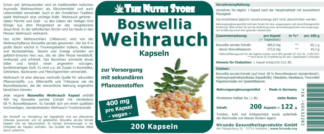 Vegane Boswellia Weihrauch Kapseln mit 400 mg Extrakt zur Versorgung mit sekundären Pflanzenstoffen.