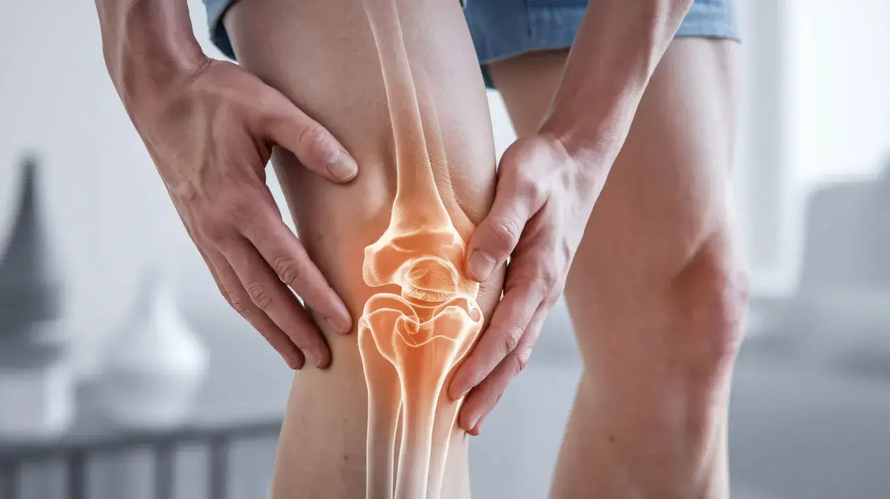 H&auml;nde umfassen ein Knie, das mit leuchtend orangefarbenen Knochen und Knorpel dargestellt wird. Ein Symbol f&uuml;r die Regeneration und den Aufbau von Knorpel.