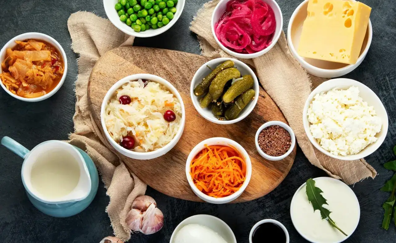 Vielfalt an fermentierten Lebensmitteln: Sauerkraut, Kimchi, eingelegte Zwiebeln, Gurken, Käse, Quark, Joghurt, Erbsen, Karotten, Leinsamen, Knoblauch und Flüssigkeit. Gut für präbiotika probiotika.
